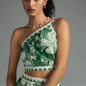 Farm Rio Macaw Elegance one-shoulder crop top in off-white and green, NWOT small